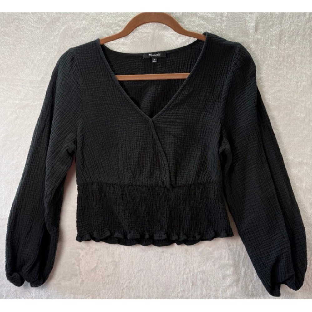 Madewell Black Gauze Cotton Smocked V-Neck Crop Top Blouse Womens M Balloon Slee